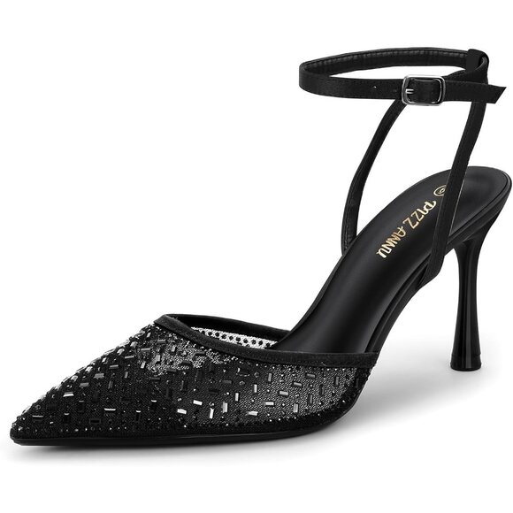 Pizz Annu Women's Black Closed Toe Mesh Sparkly Ankle Strap Cienna High Heels - Picture 1 of 8
